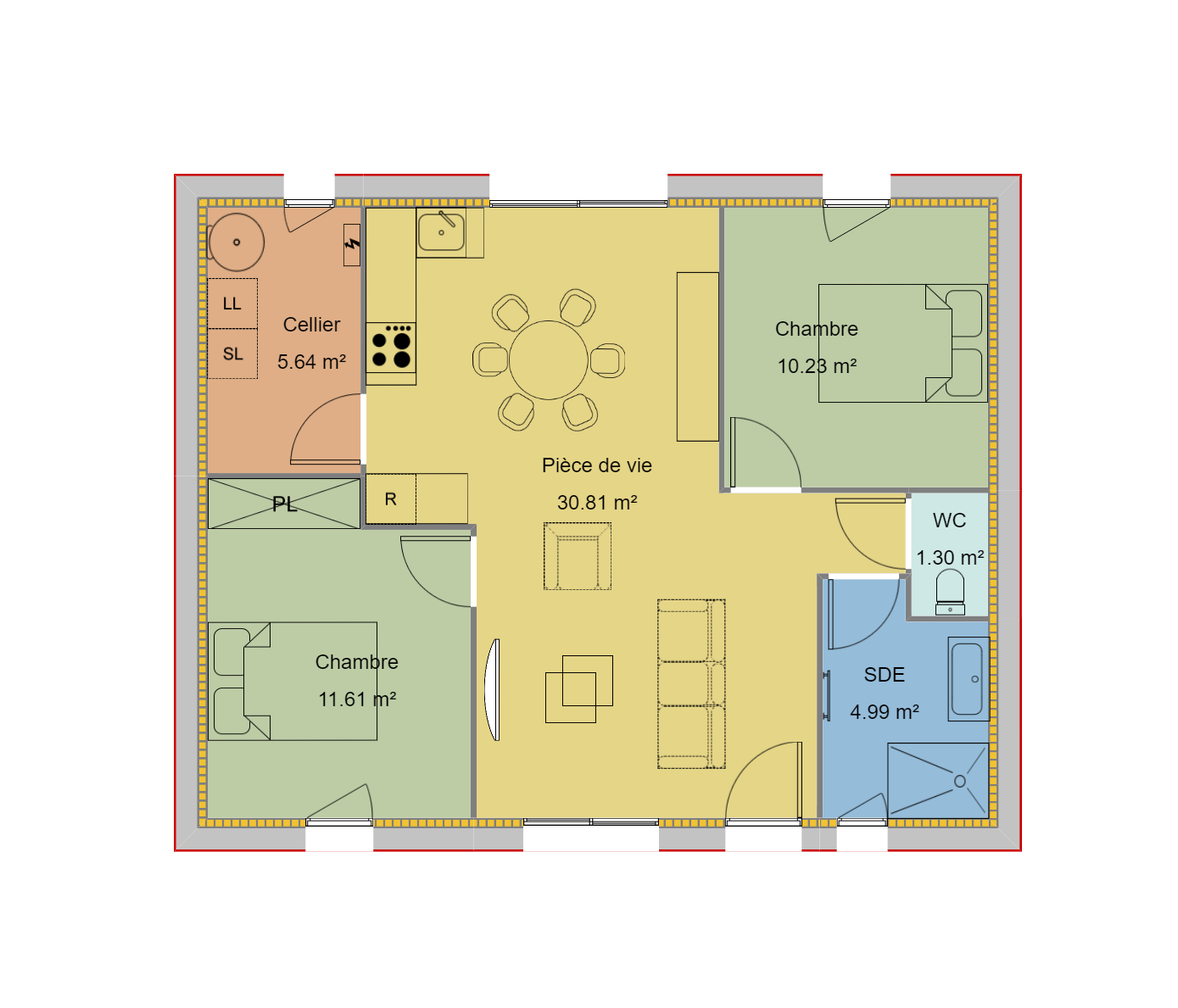 Modèle 2 chambres 65m²