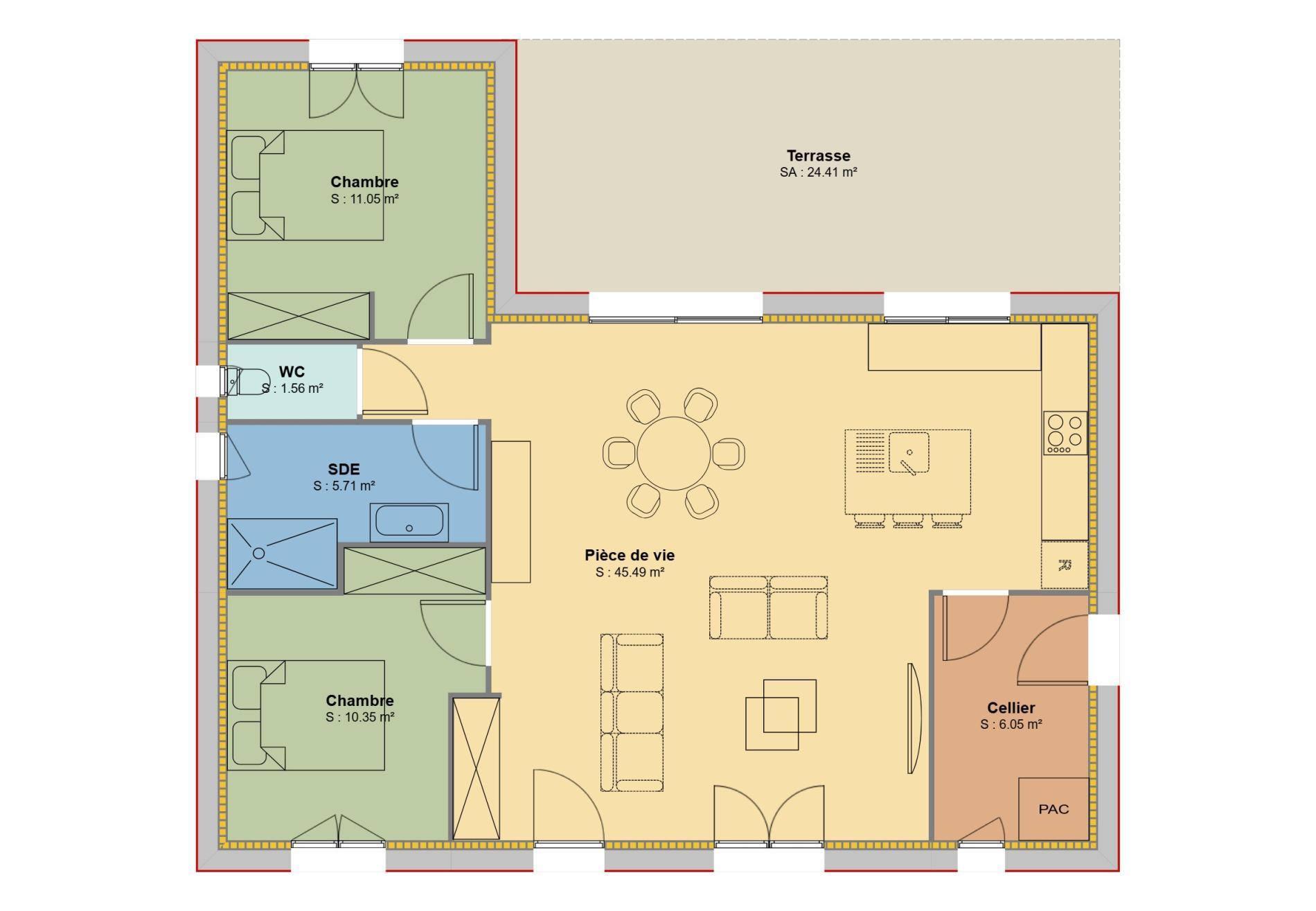 Modèle 2 chambres 80m²